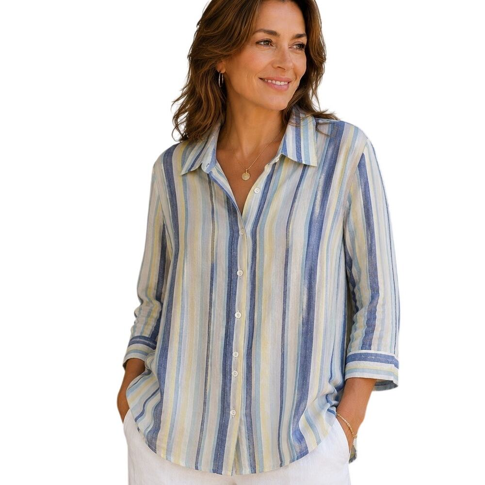 J. Jill Love Linen Striped Button Top Womens Size 3X Pastel Coastal Beachy Shirt